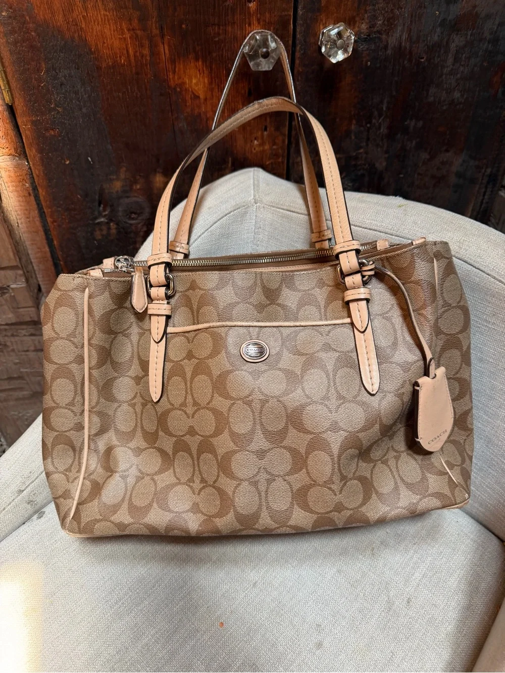 Coach Peyton Jordan Double Zip Carryall Tote Signature Brown